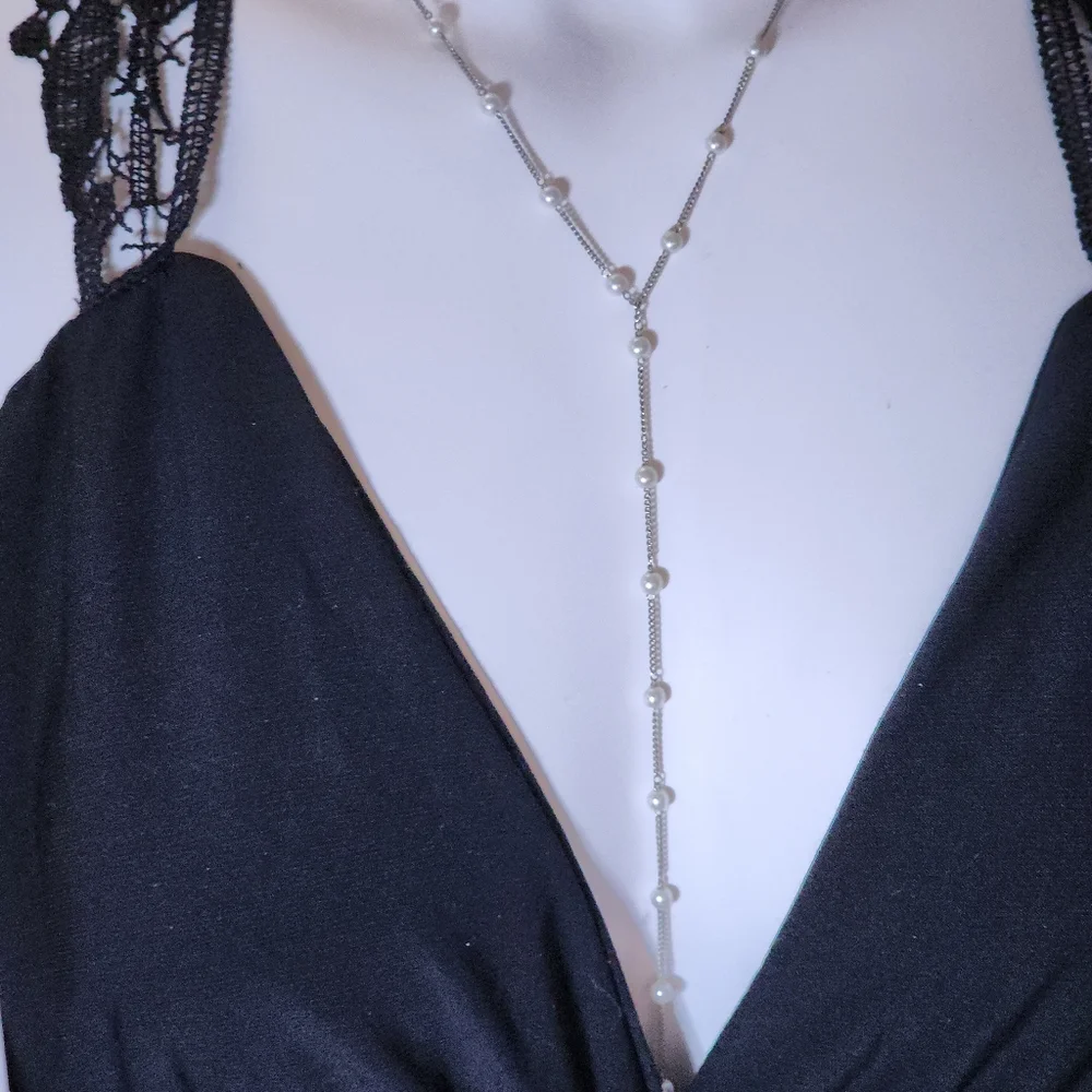 Vintage Faux Pearl Y Necklace Silver Toned Chain